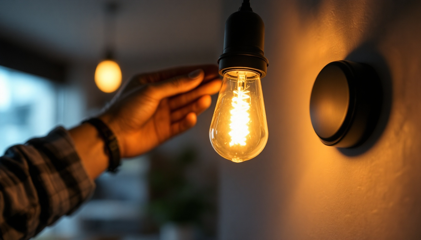 A photograph of a close-up of a screw-in light fixture being installed in a modern home setting