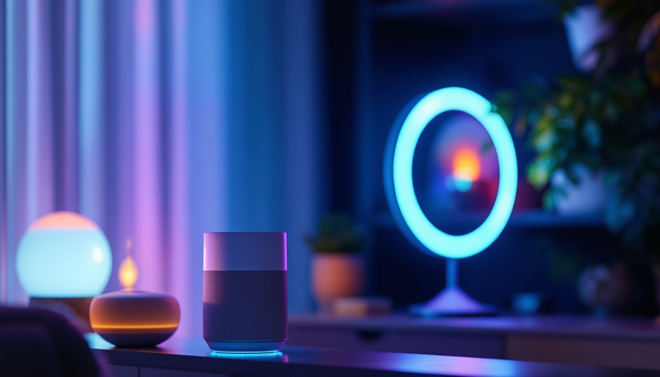 A photograph of a modern home interior featuring smart technology devices