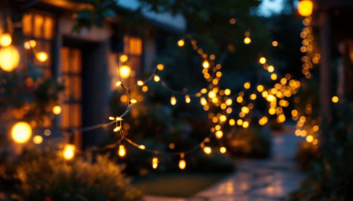A photograph of a beautifully decorated outdoor space illuminated by twinkle lights