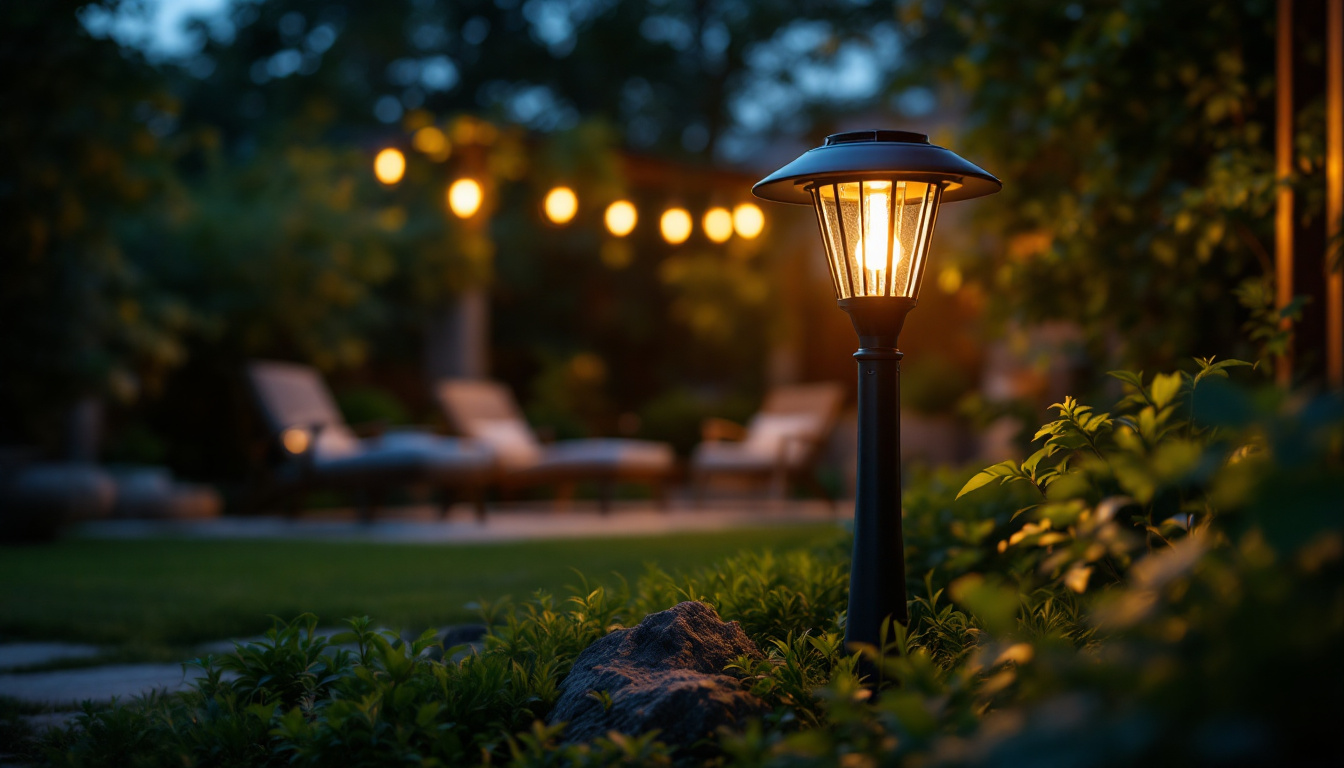A photograph of a beautifully designed outdoor solar lamp illuminating a garden or patio setting at dusk