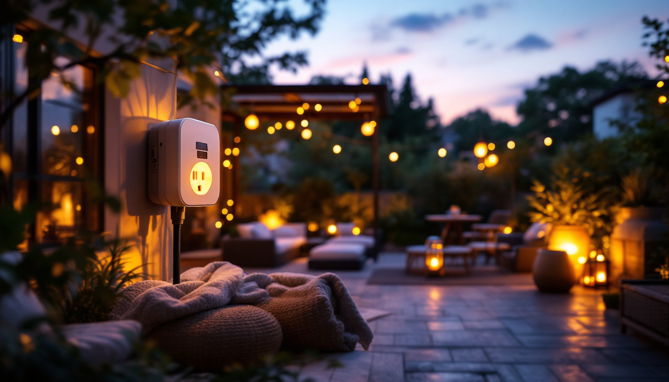 A photograph of a beautifully illuminated outdoor space featuring a solar-powered outlet in use