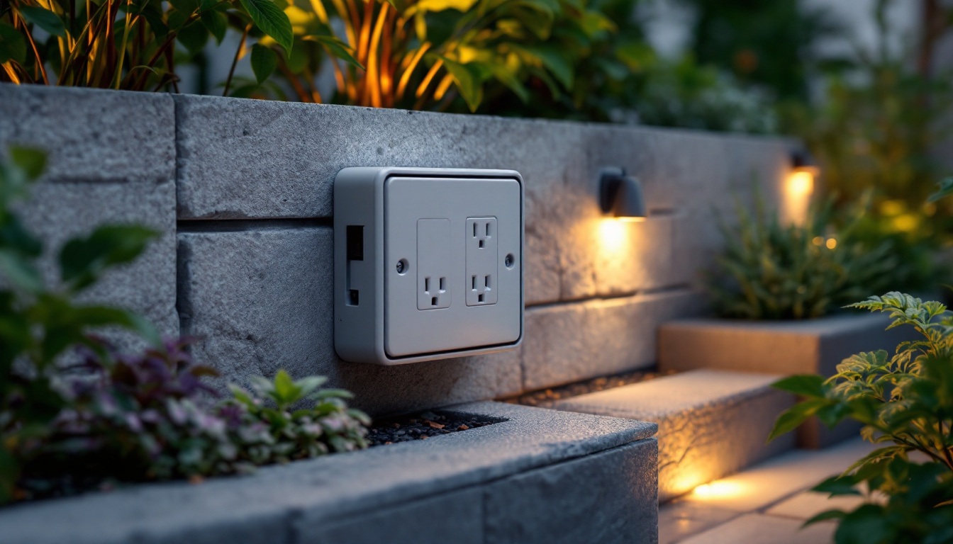 A photograph of a well-installed outdoor outlet box in a landscaped setting
