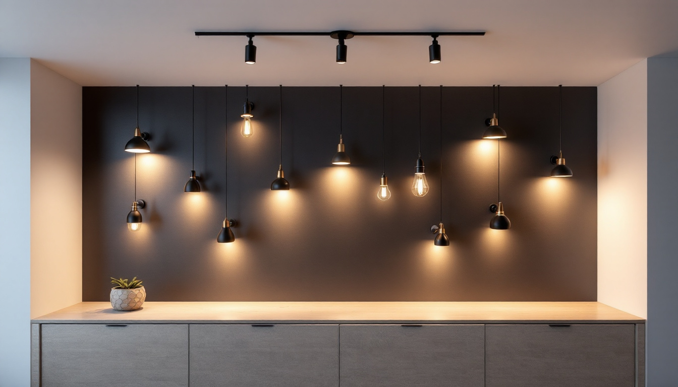 A photograph of capture a photograph of a stylishly designed light mount wall featuring a variety of lighting fixtures in a well-lit interior space