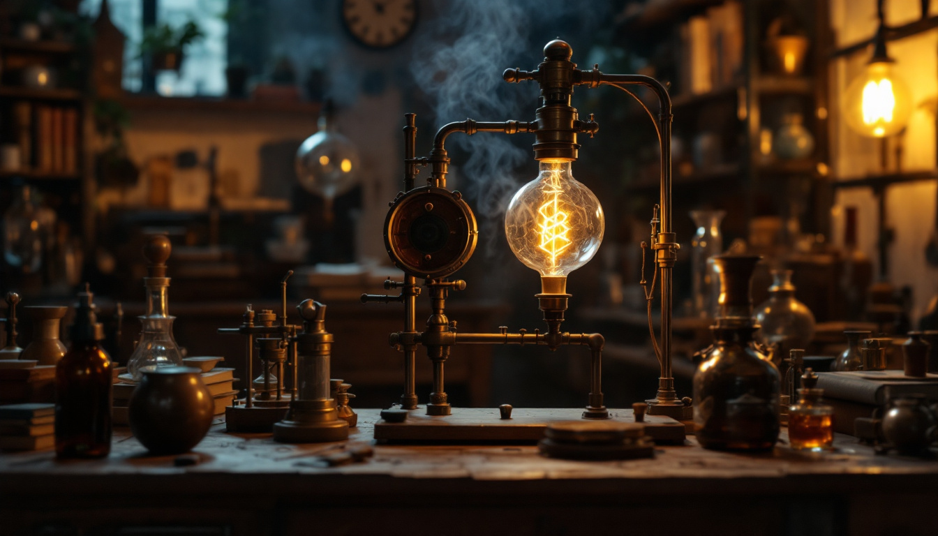 A photograph of a vintage-style laboratory setting featuring a replica of humphry davy's early electric light apparatus
