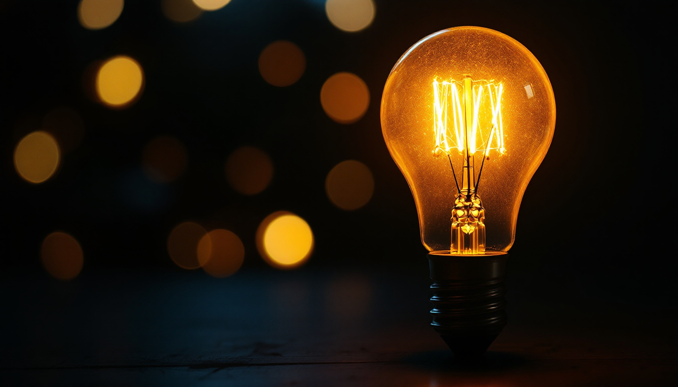 A photograph of a standard light bulb illuminated in a warm