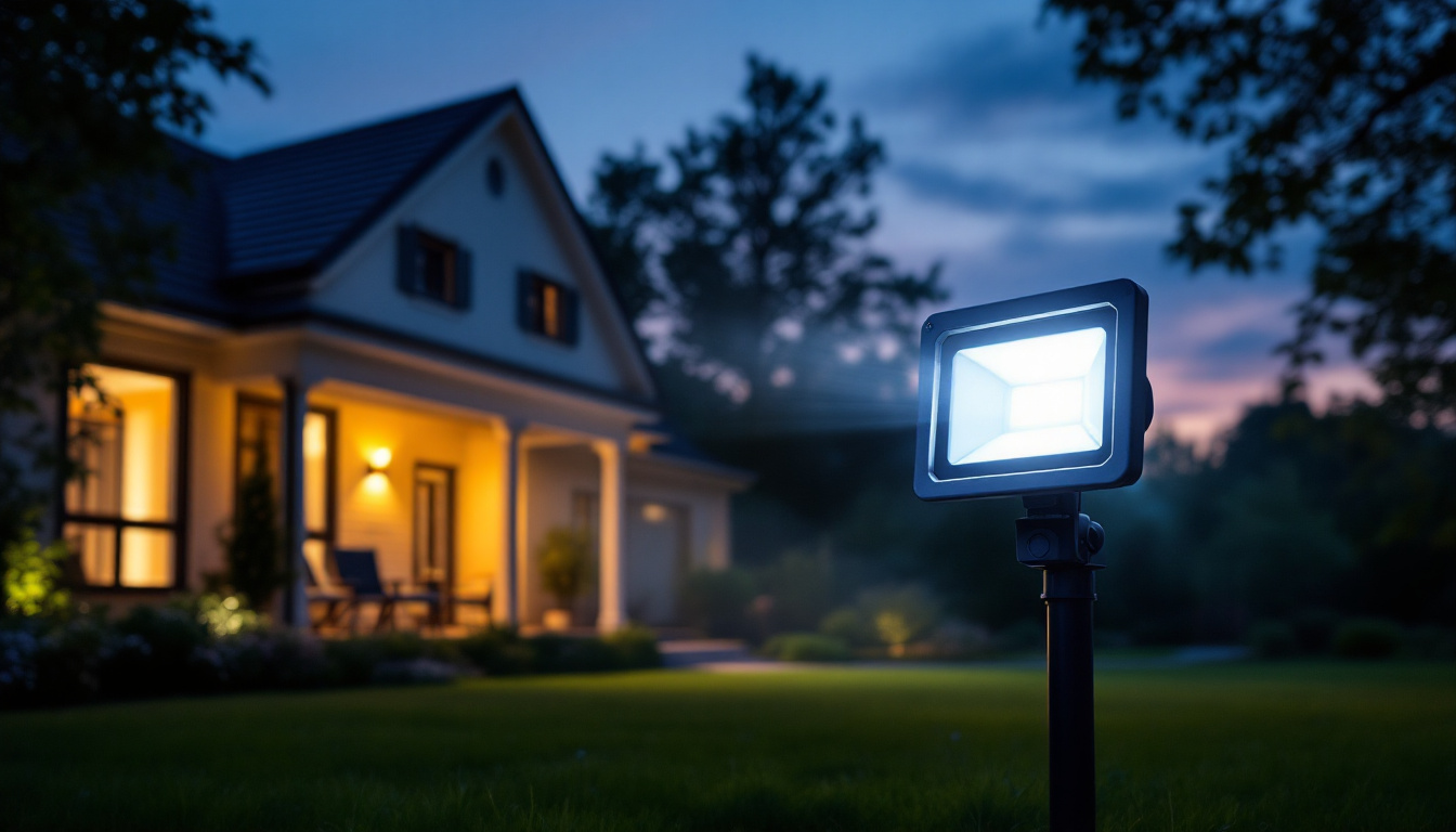 A photograph of a motion sensor outdoor flood light in action
