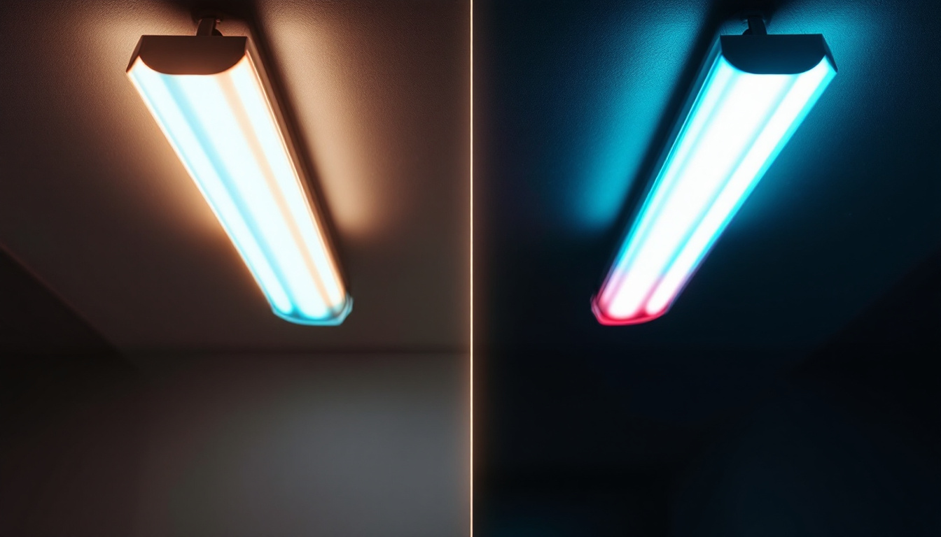 A photograph of a side-by-side comparison of a fluorescent light fixture and an led light fixture in a well-lit room