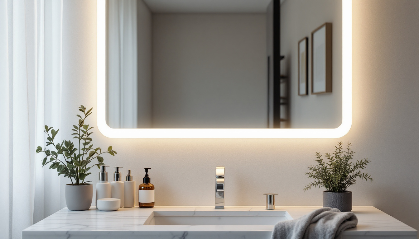 A photograph of a beautifully illuminated mirror featuring led rope lights elegantly mounted at the corners