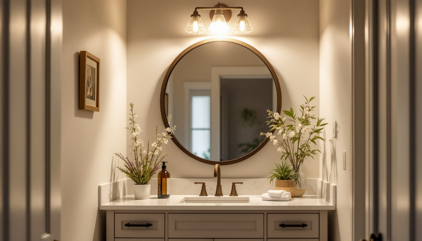 A photograph of a beautifully styled bathroom or vanity area featuring the lecompton vanity light