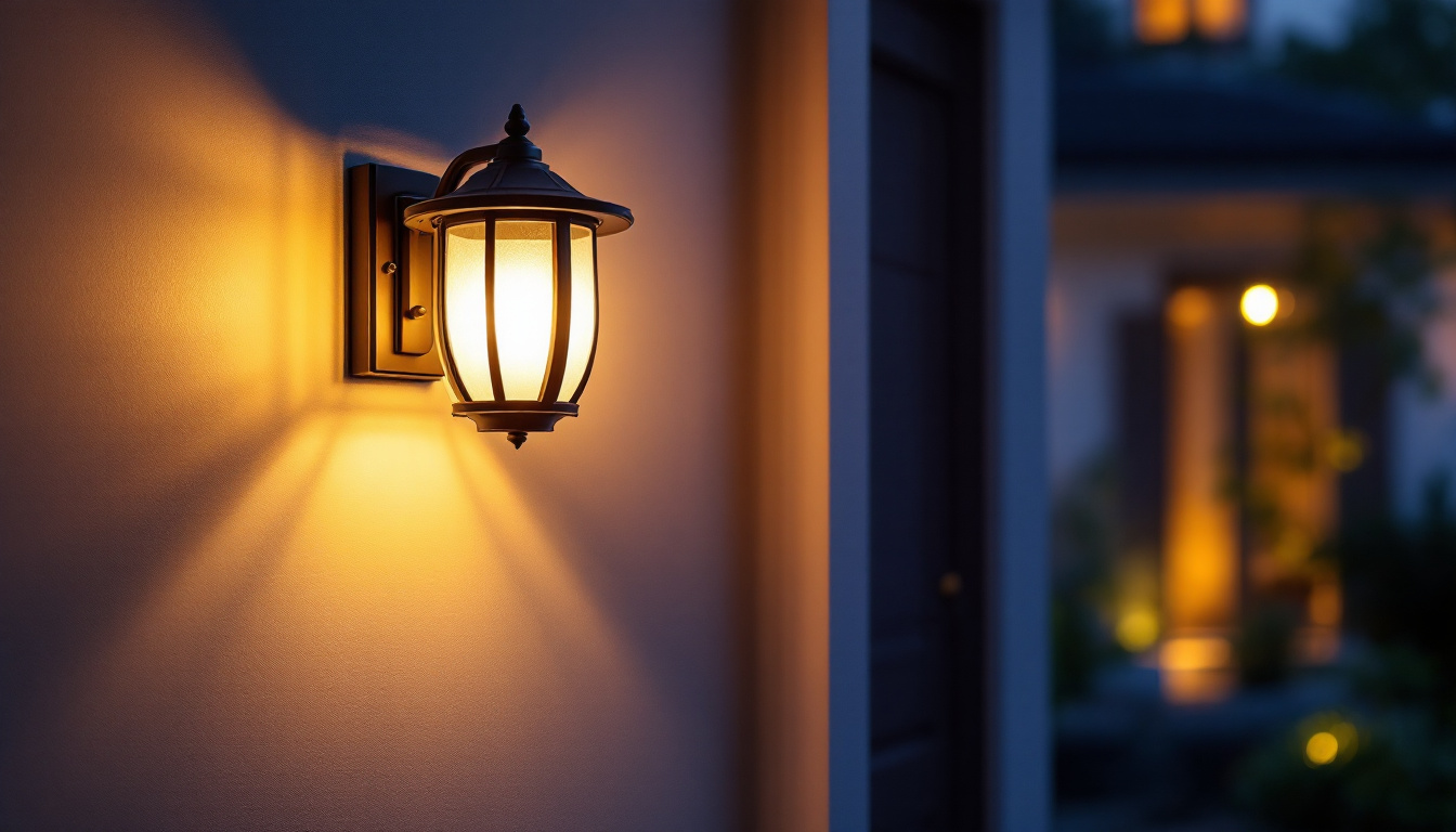 A photograph of a beautifully designed front door light fixture in an inviting outdoor setting during twilight