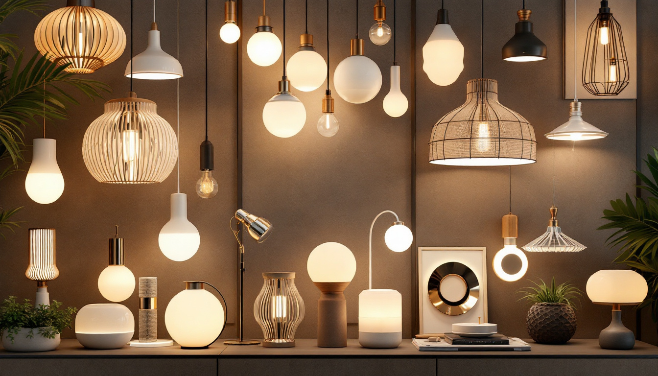 A photograph of a stylishly arranged display of various light fixtures