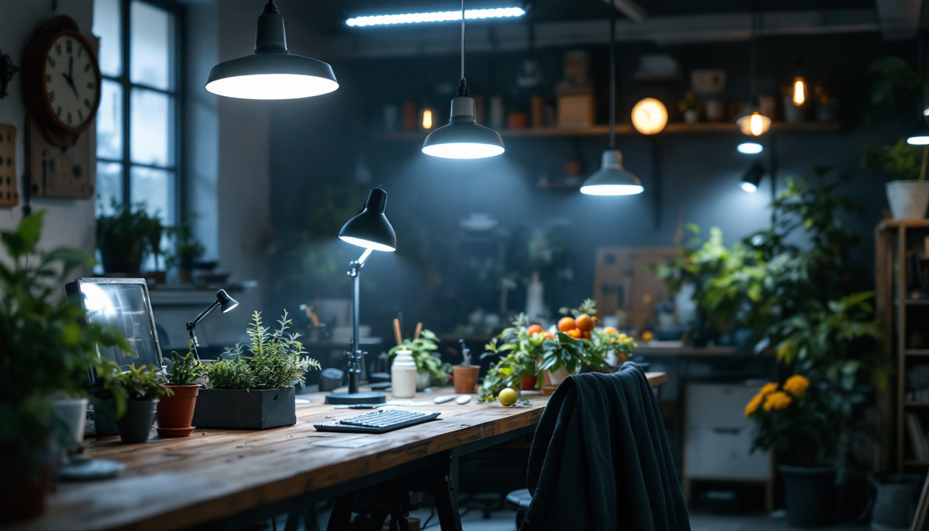 A photograph of a well-lit workspace featuring various types of shop lights in use