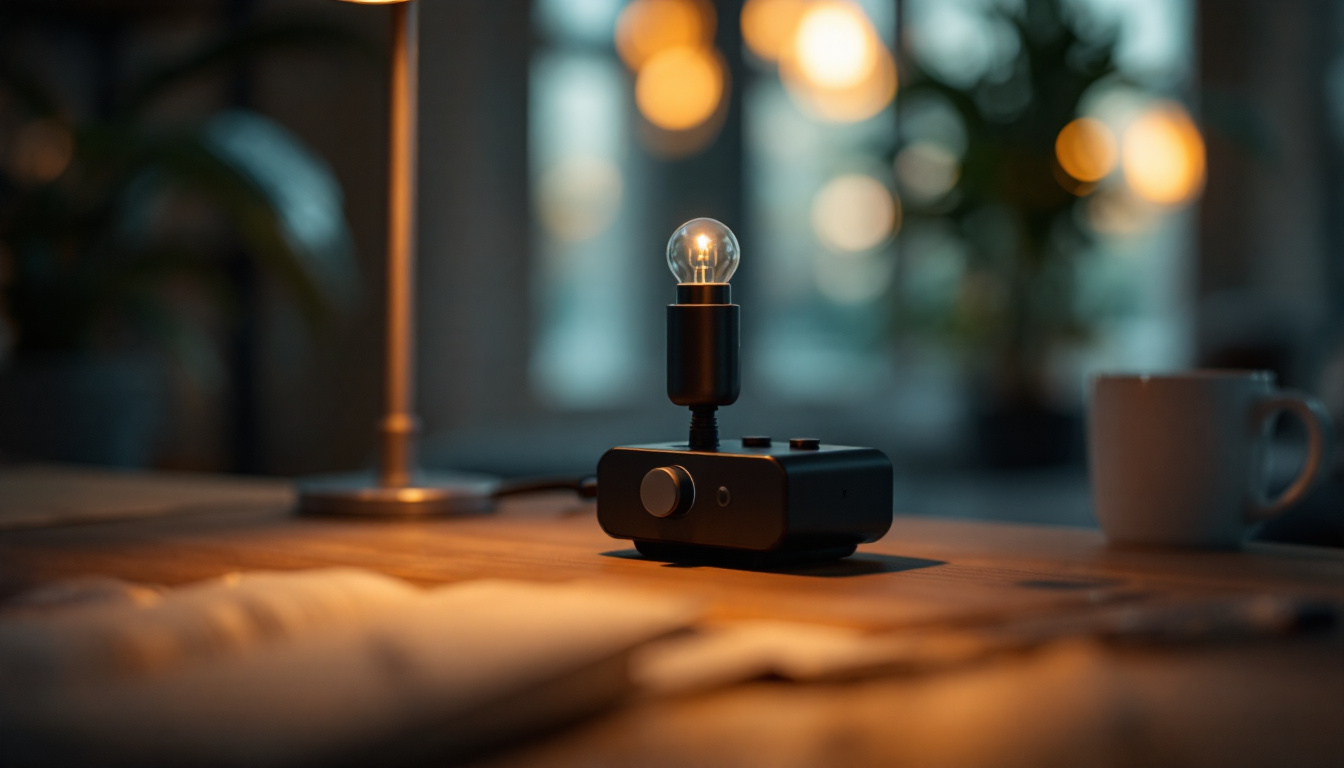 A photograph of a stylish lamp with a visible switch timer