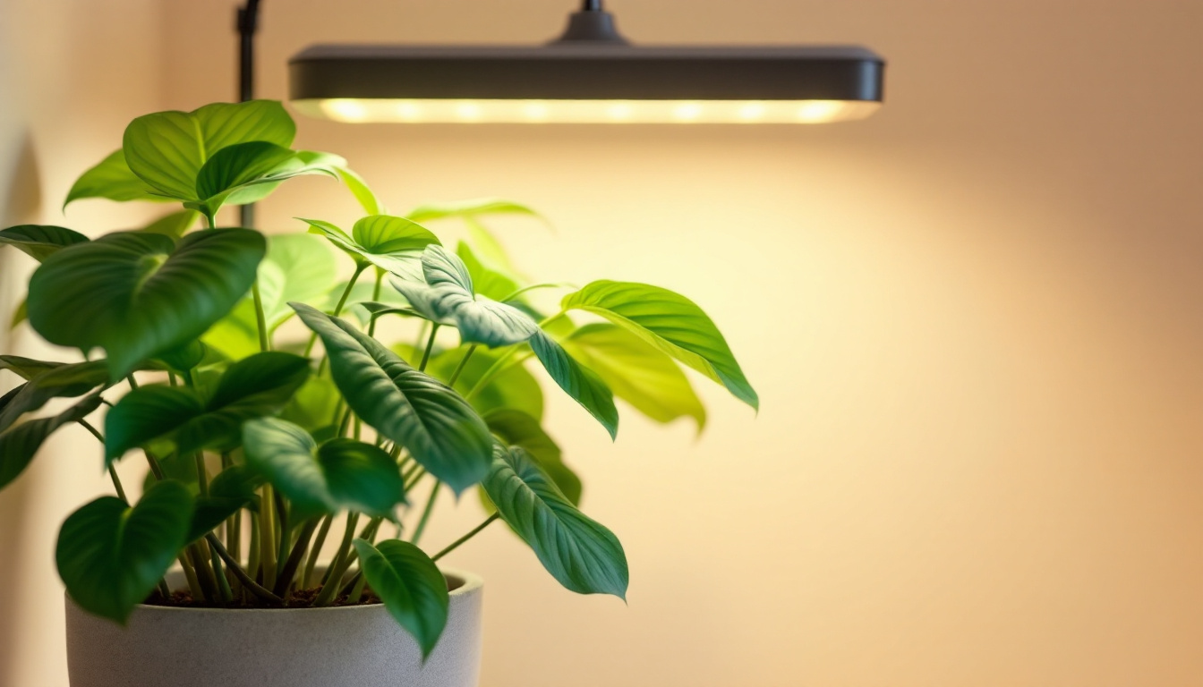 A photograph of capture a photograph of a vibrant indoor plant thriving under a uv plant growing lamp