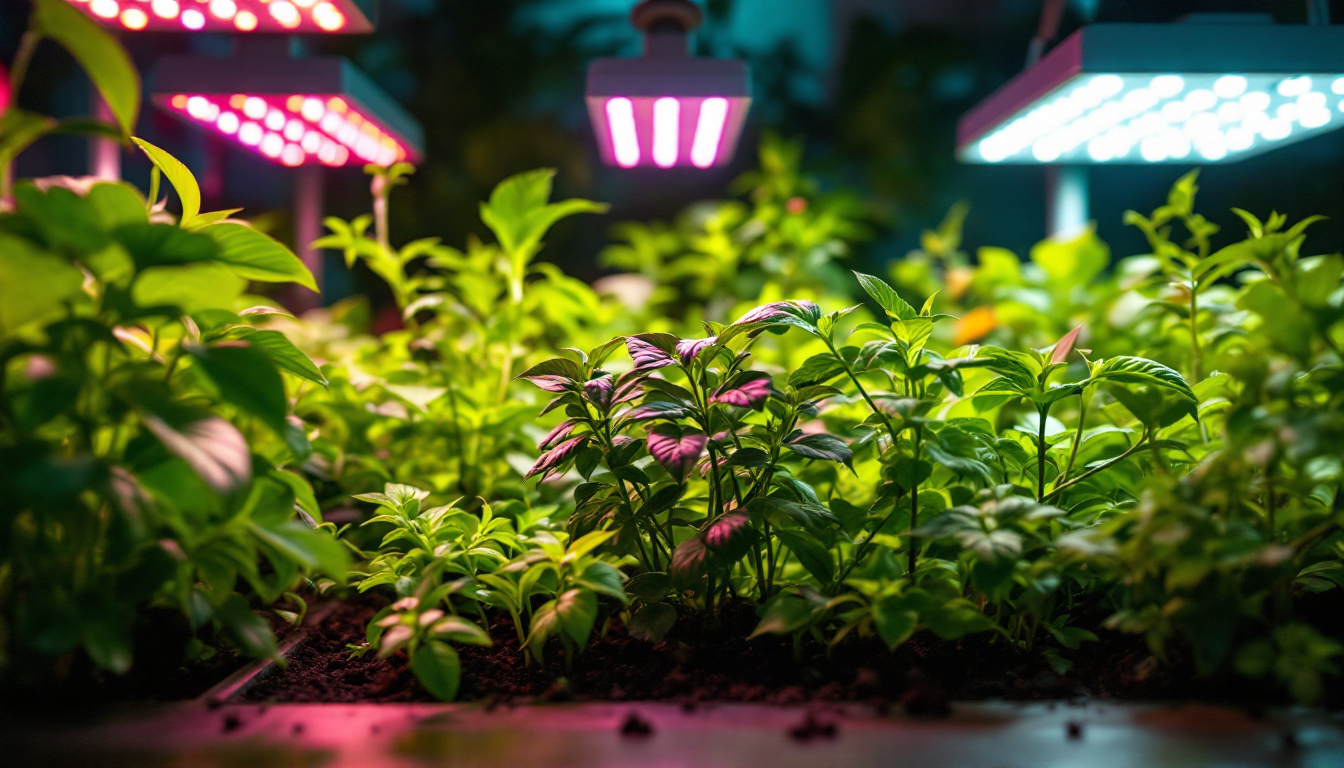 A photograph of a vibrant indoor garden illuminated by a variety of led plant grow lights
