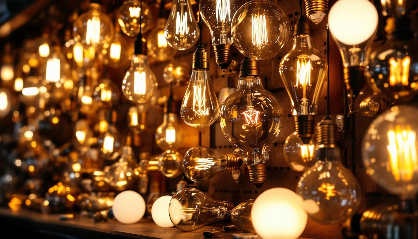 A photograph of a beautifully arranged display of various big light bulbs