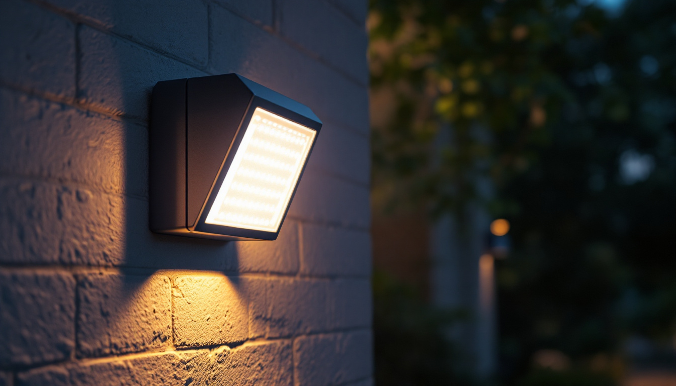 A photograph of a well-lit outdoor setting featuring an illuminated motion sensor alarm in action