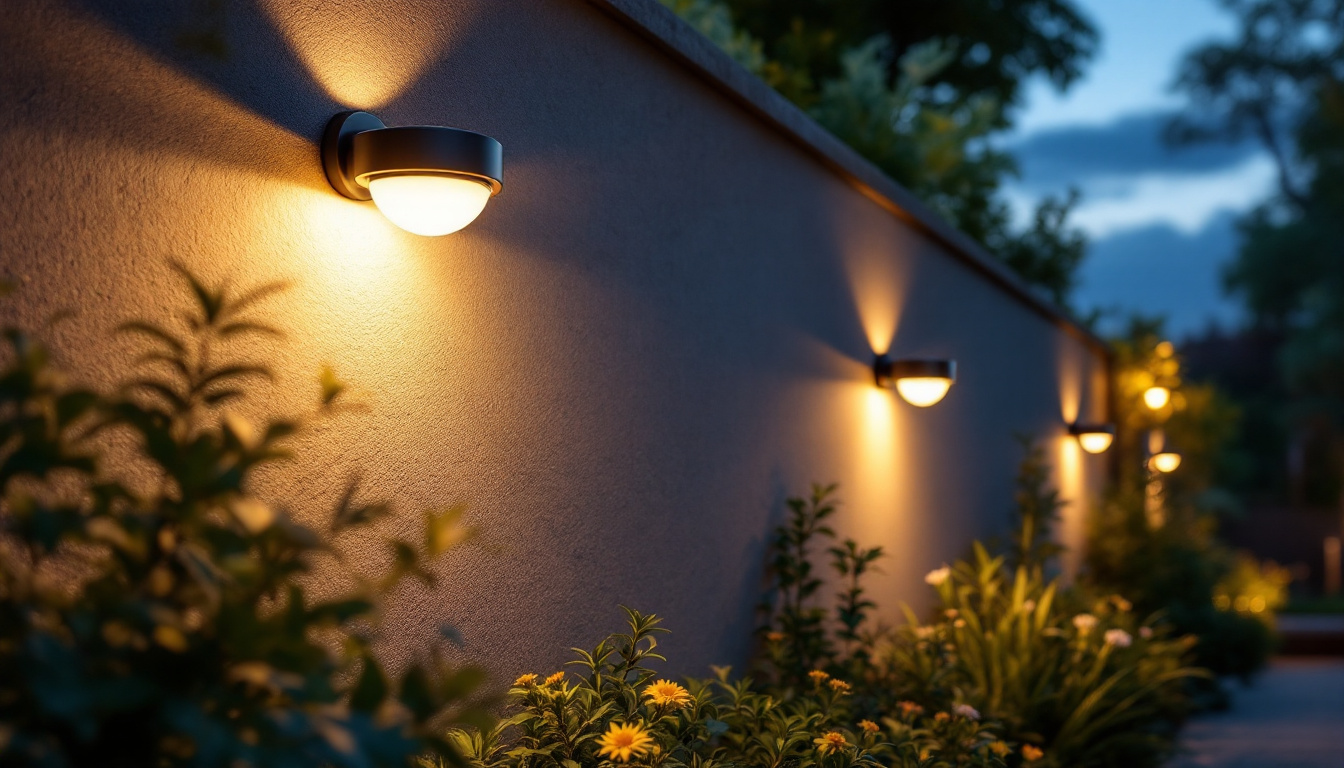 A photograph of a beautifully lit outdoor space showcasing a variety of solar wall lights installed on a garden or patio wall
