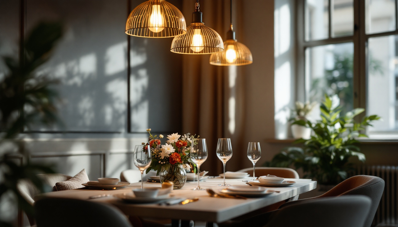 A photograph of a beautifully styled dining room featuring elegant hanging lamps that illuminate the space