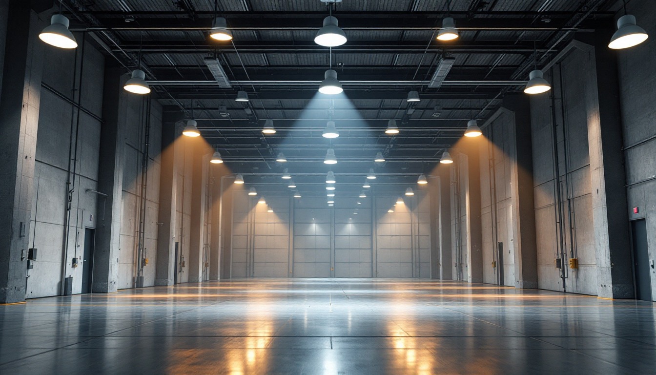A photograph of a well-lit warehouse interior showcasing various types of lighting fixtures installed at different heights and angles
