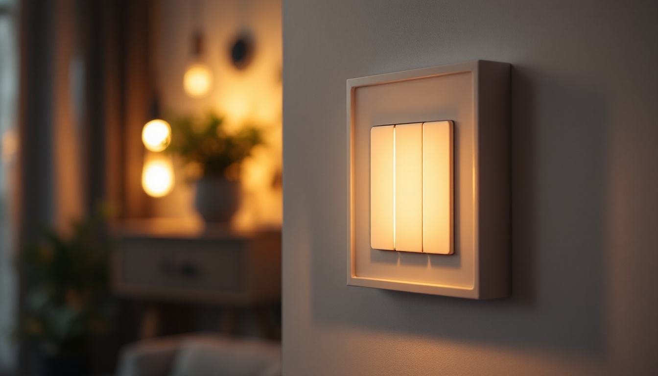 A photograph of a well-lit interior space featuring a stylish light switch box in focus
