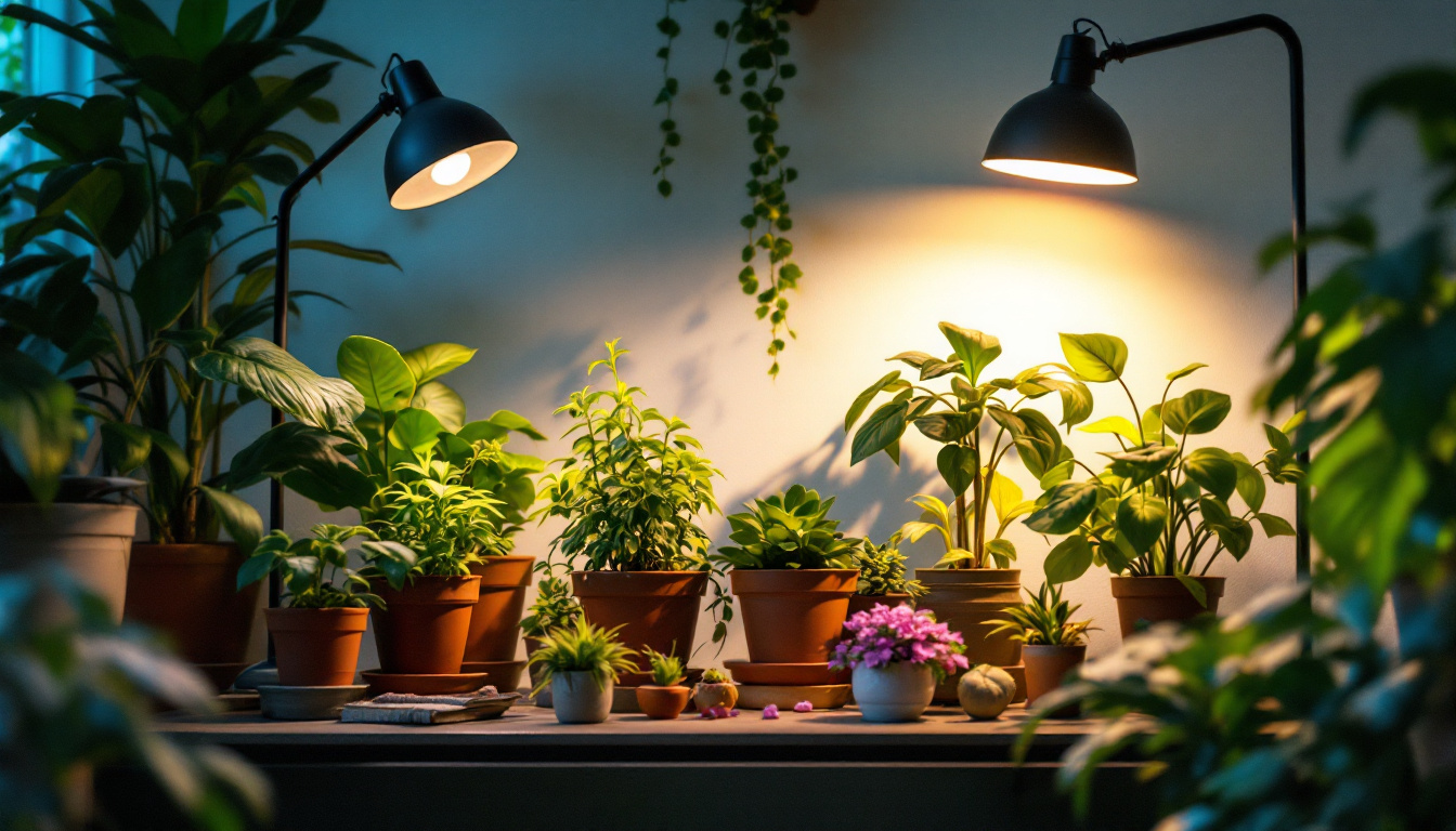A photograph of a vibrant indoor garden scene featuring various plants under a range of light lamps