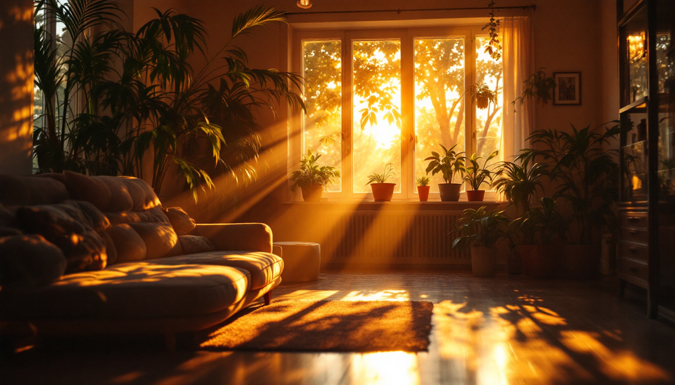A photograph of a beautifully lit indoor scene that showcases the interplay of natural sunlight and artificial lighting
