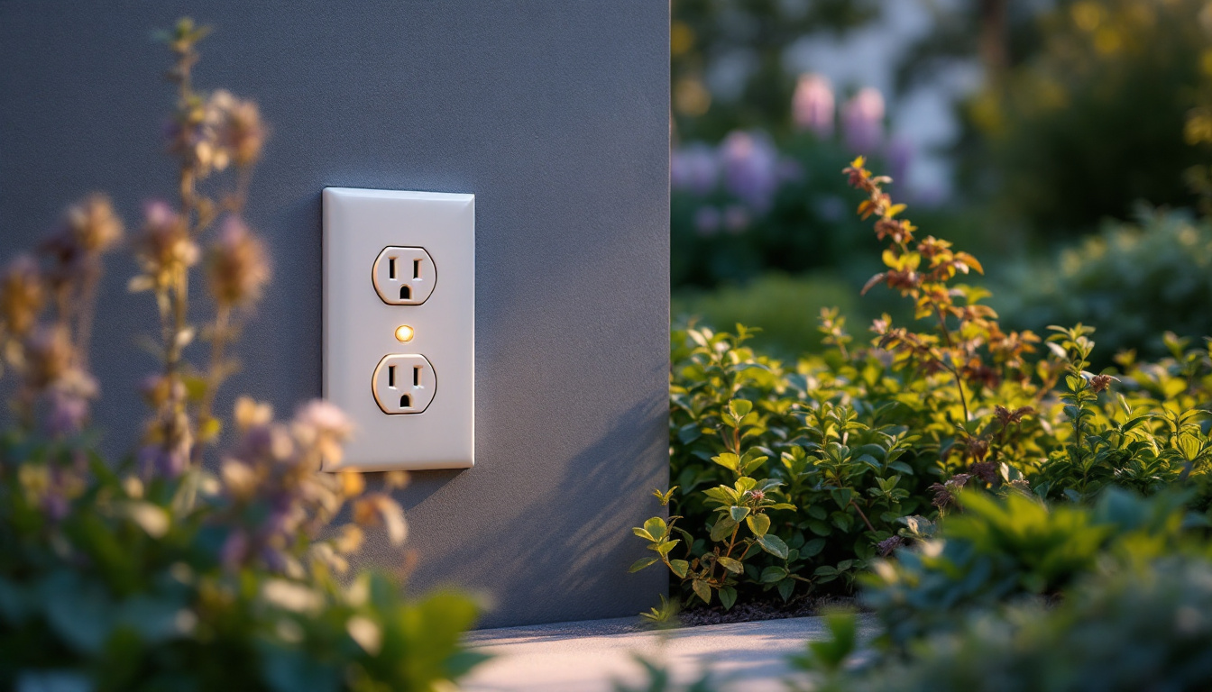 A photograph of a well-designed outdoor electrical outlet cover in a natural setting
