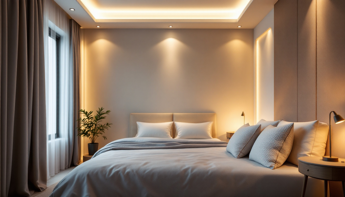 A photograph of a beautifully designed bedroom featuring stylish recessed lighting that highlights the room's decor and creates a warm
