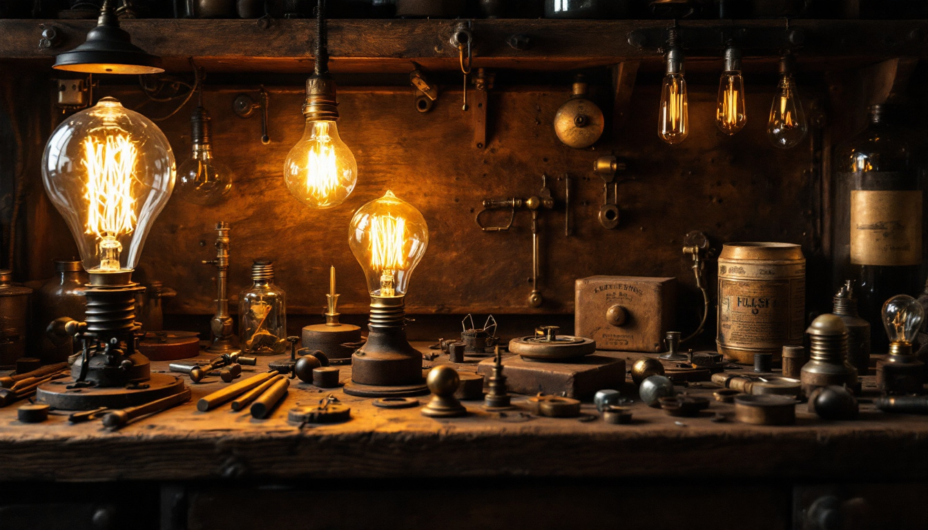 A photograph of a vintage workbench featuring an array of historical tools and materials used in the invention of the light bulb