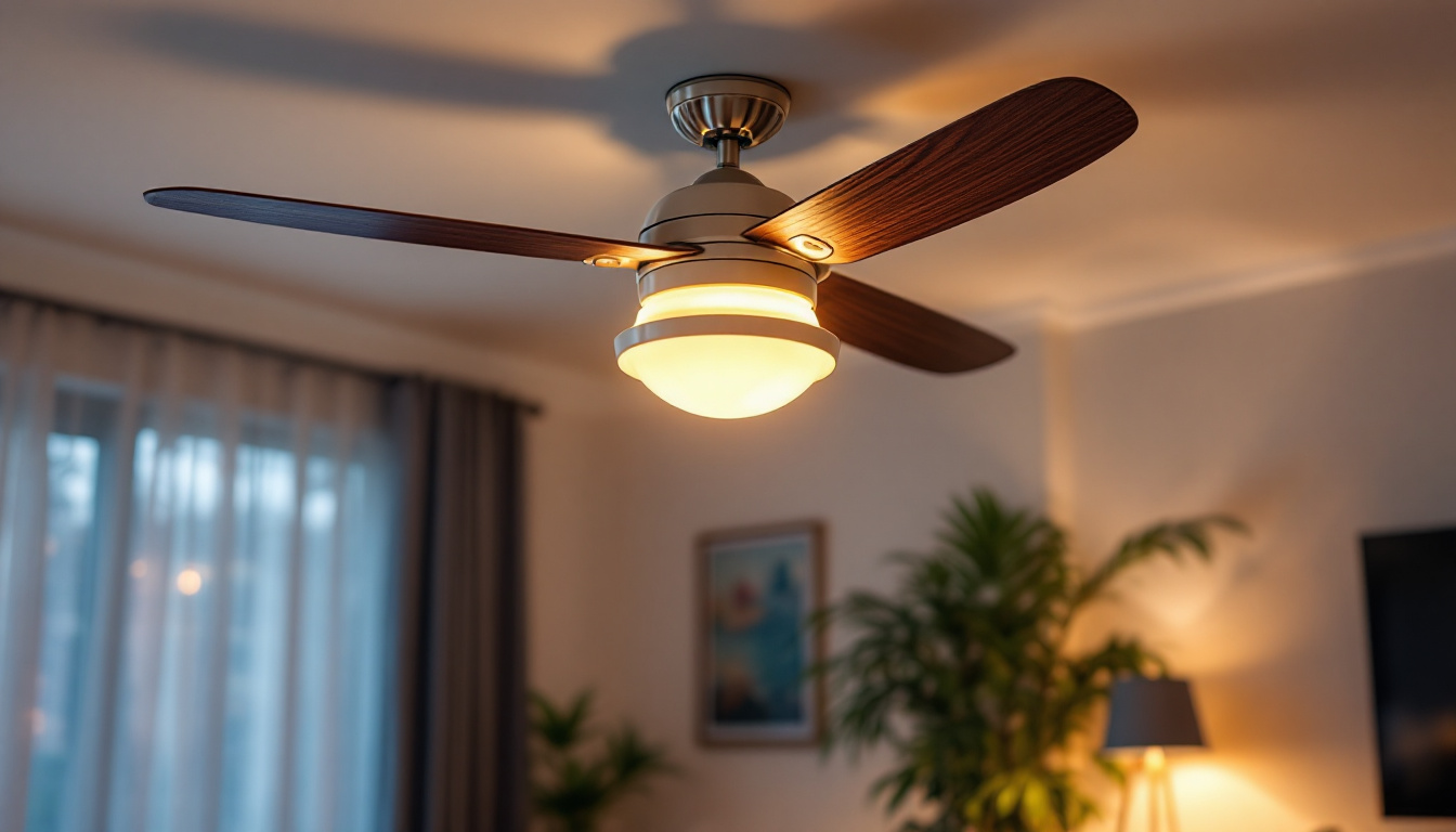 A photograph of a stylish ceiling fan with integrated lighting features