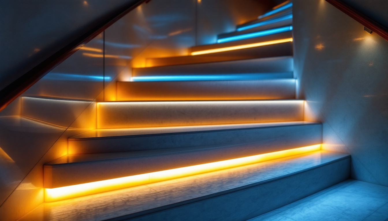 A photograph of a beautifully illuminated staircase featuring led lights