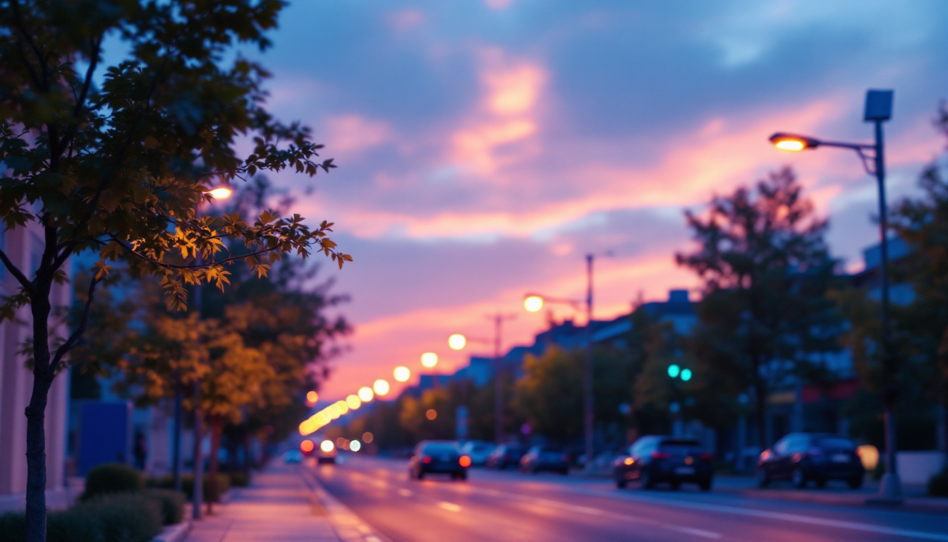 A photograph of capture a photograph of a modern commercial solar street light illuminating a vibrant urban street at dusk