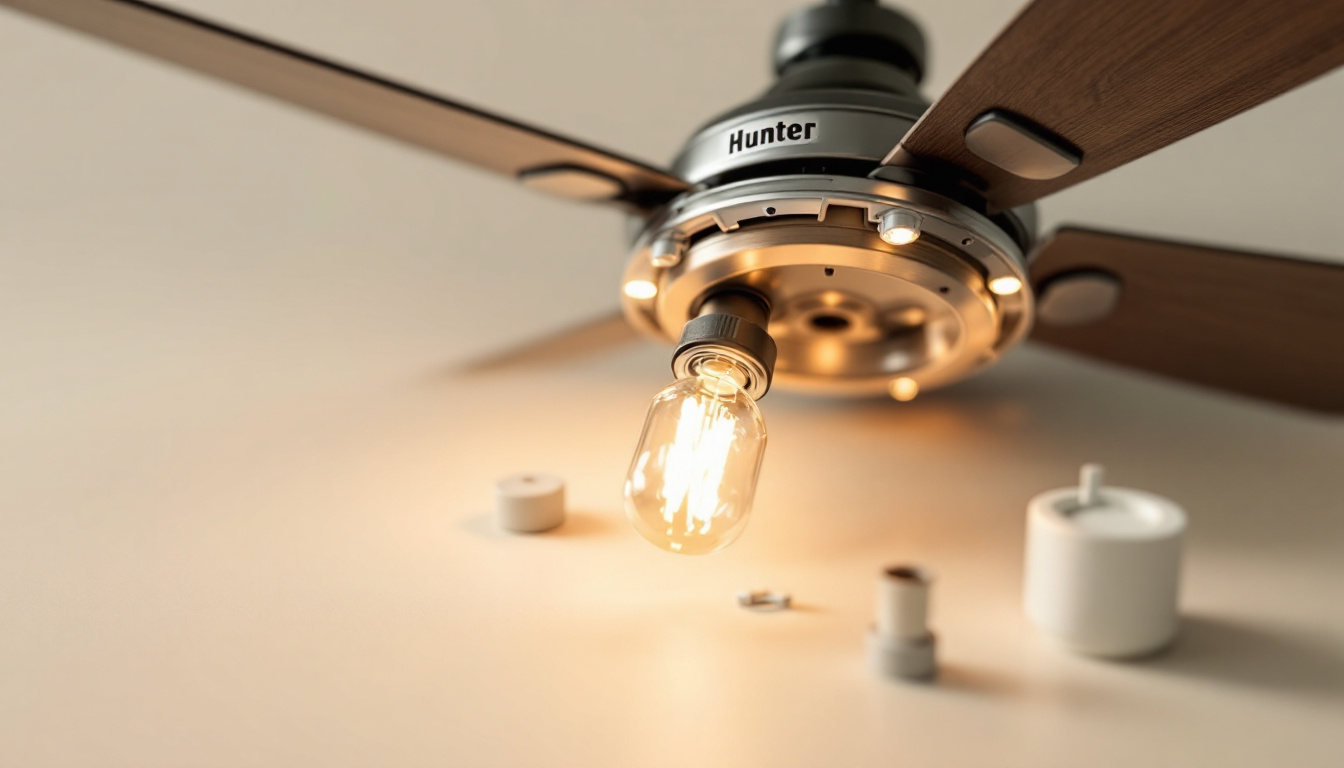 A photograph of a close-up view of various replacement parts for a remote-controlled light fixture on a hunter fan