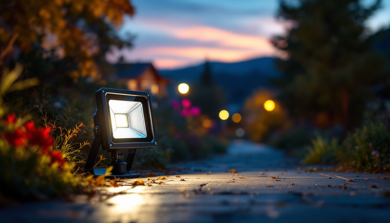 A photograph of a rab flood light illuminating a vibrant outdoor scene at dusk