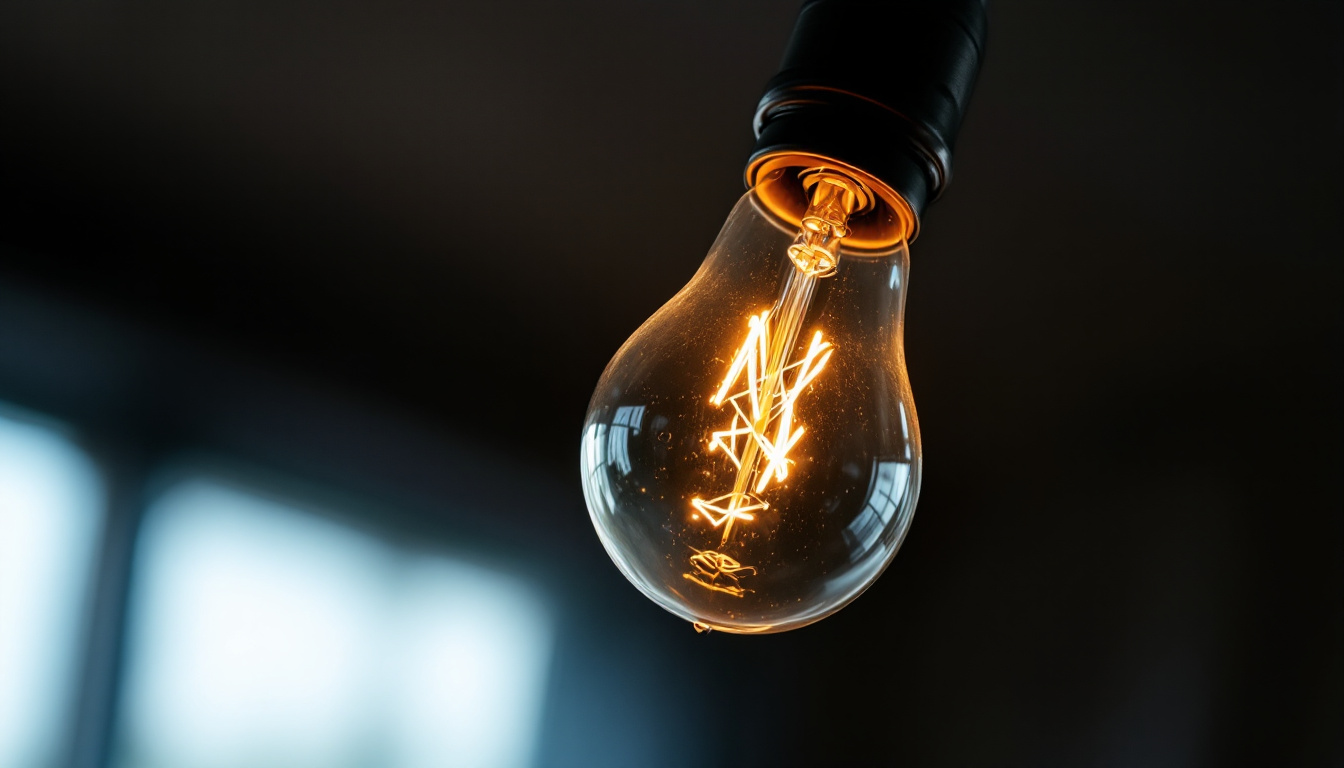 A photograph of a close-up of a flickering light bulb in a ceiling fixture