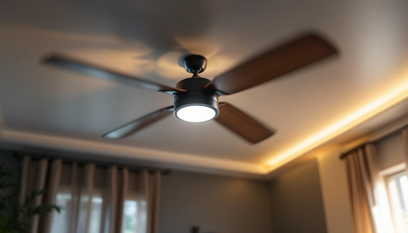 A photograph of a stylish ceiling fan with integrated lighting