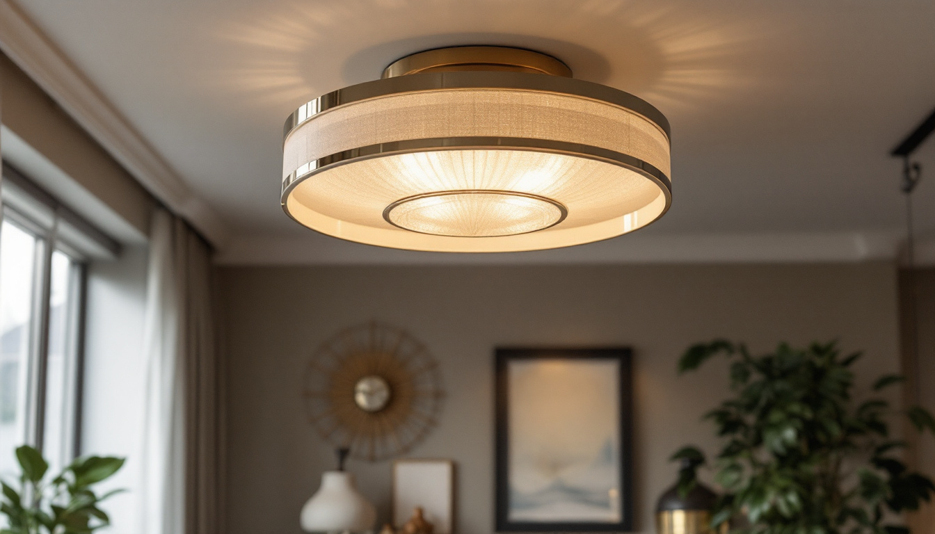 A photograph of capture a photograph of an elegantly designed semi-flush light fixture installed in a stylishly decorated room