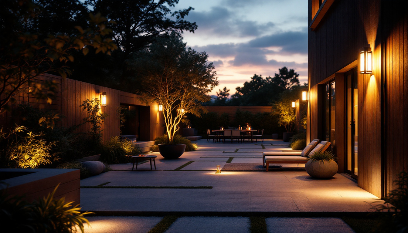 A photograph of capture a photograph of a beautifully illuminated outdoor space featuring rab outdoor lighting fixtures