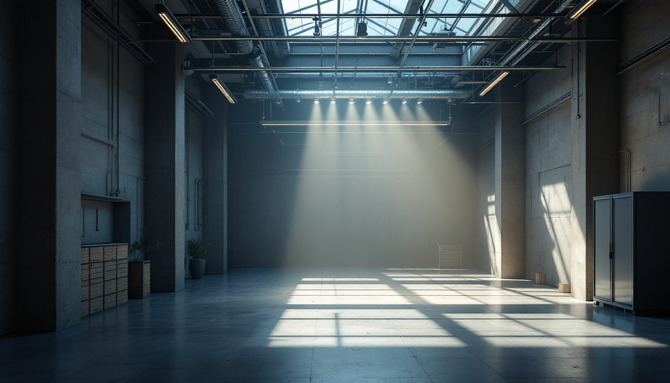 A photograph of a modern industrial or commercial space showcasing innovative commercial lighting solutions