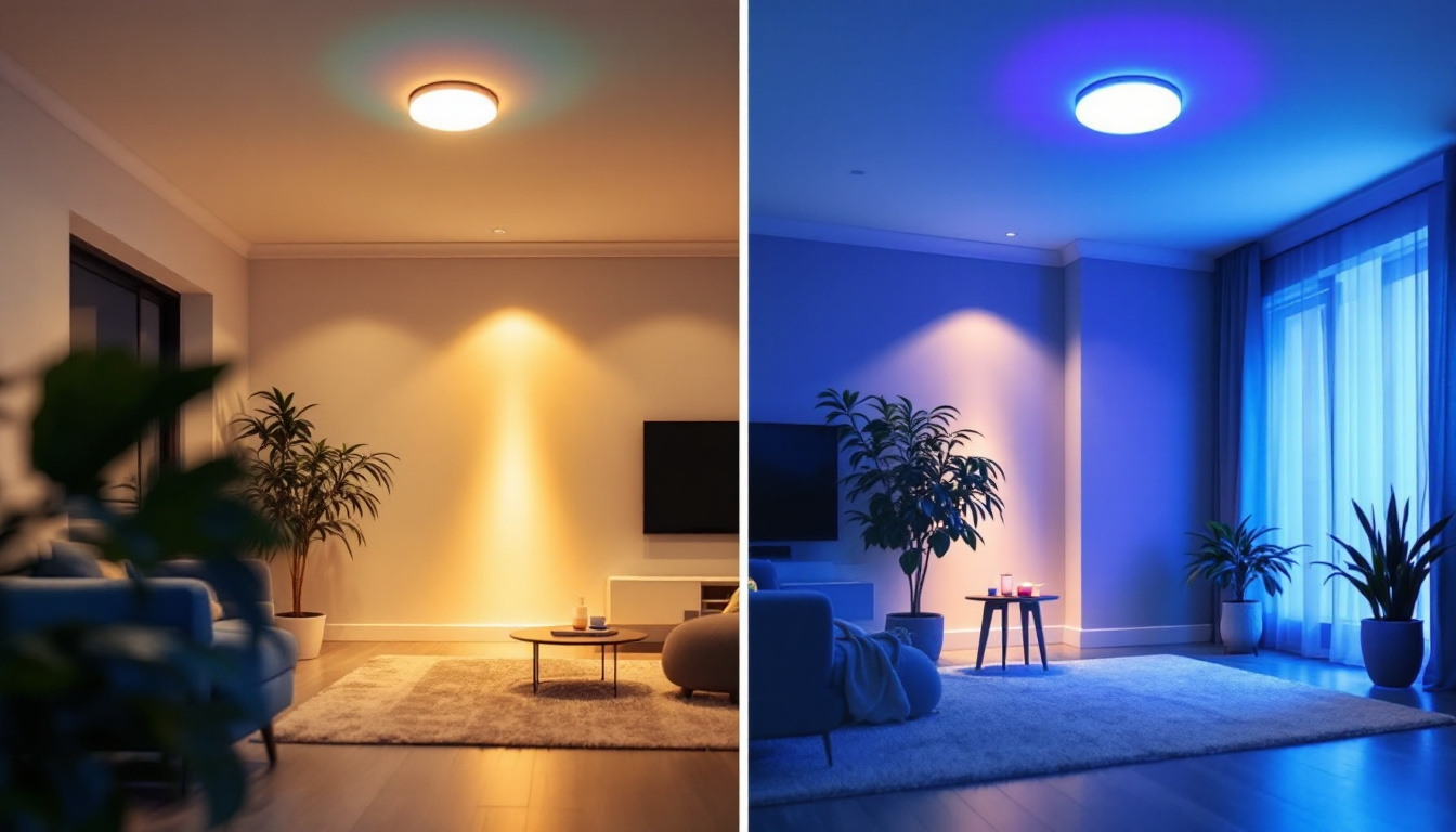 A photograph of a well-lit interior space showcasing a before-and-after comparison of recessed lighting