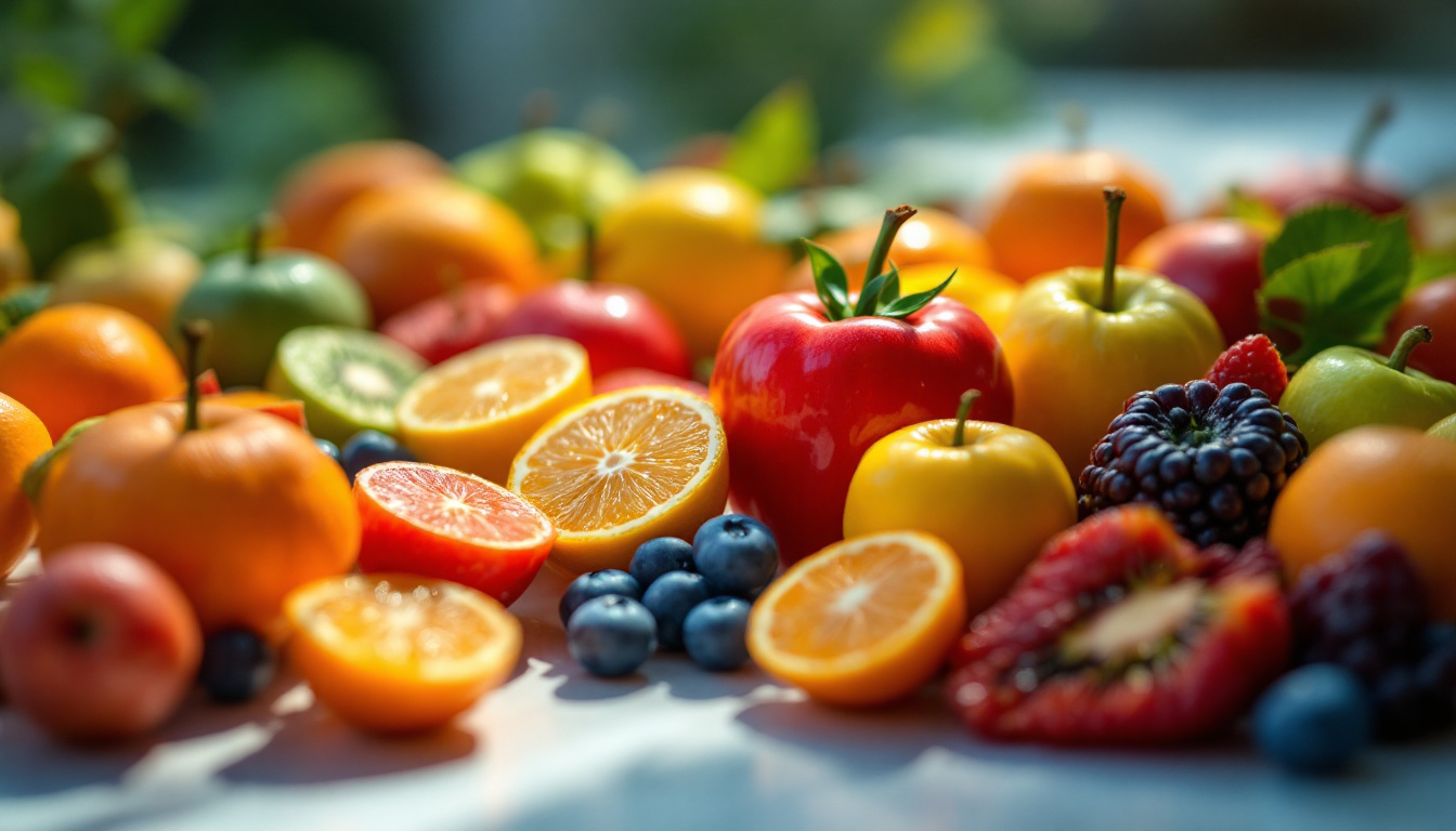 A photograph of a vibrant assortment of fruits illuminated by soft