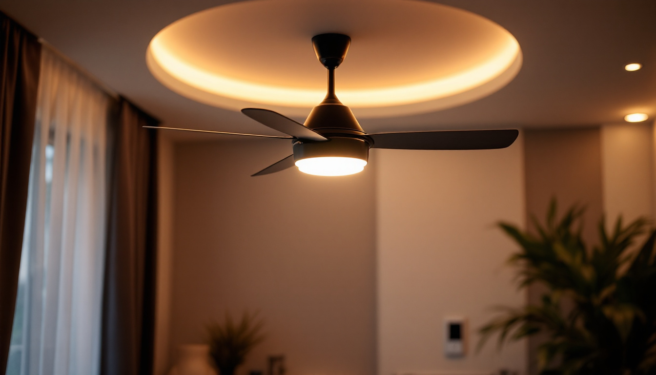 A photograph of a stylish ceiling fan with an integrated wall control switch