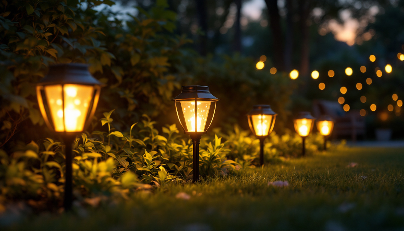 A photograph of a beautifully illuminated outdoor scene featuring various styles of solar lights in action during dusk