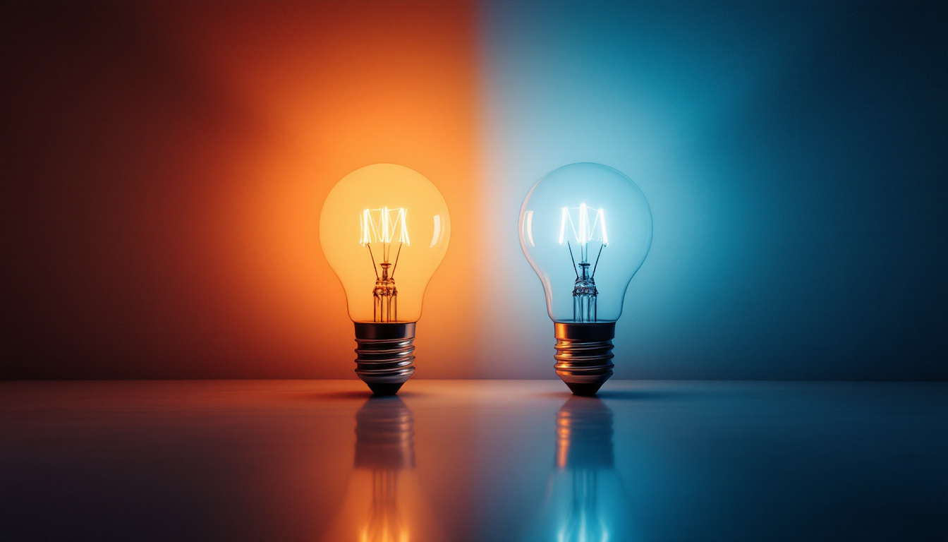 A photograph of a side-by-side comparison of a fluorescent light bulb and an led bulb illuminated in a dimly lit environment