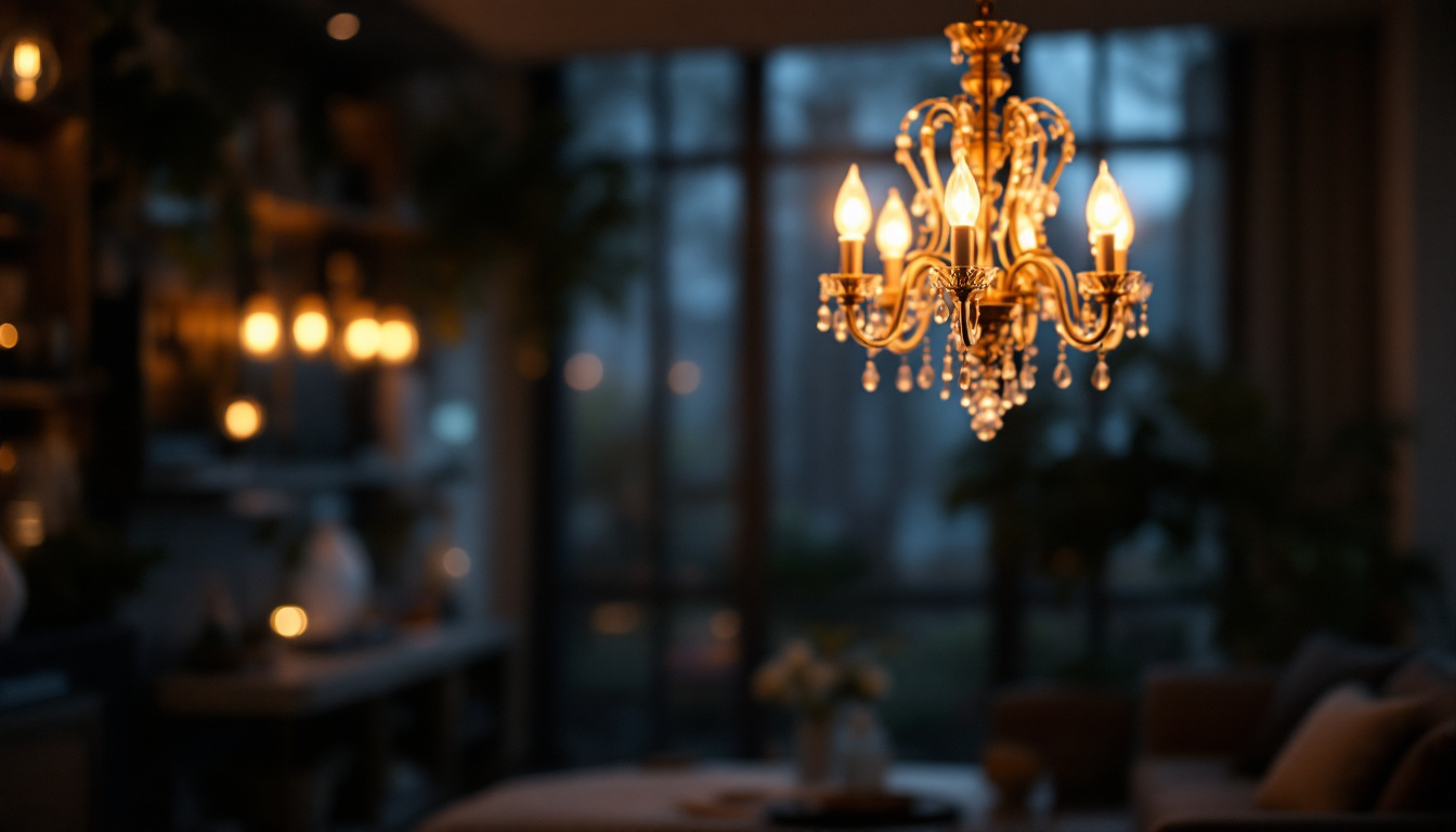 A photograph of a beautifully designed chandelier illuminated in a stylish interior setting