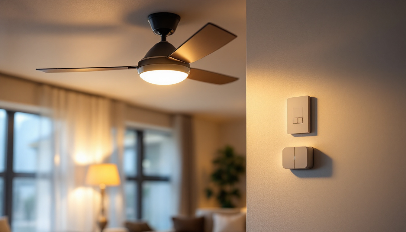 A photograph of a stylish ceiling fan with an integrated wall switch in a well-lit living room setting