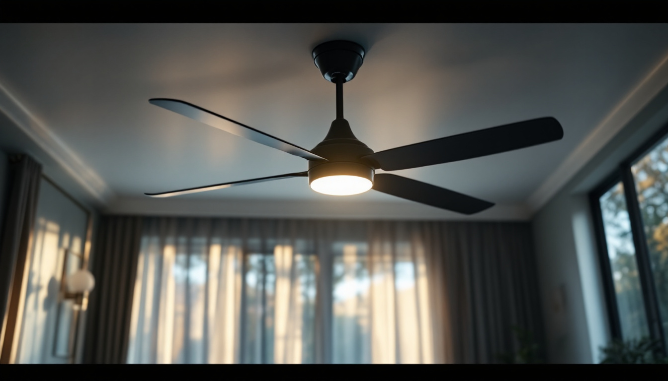 A photograph of a stylish ceiling fan with integrated lighting