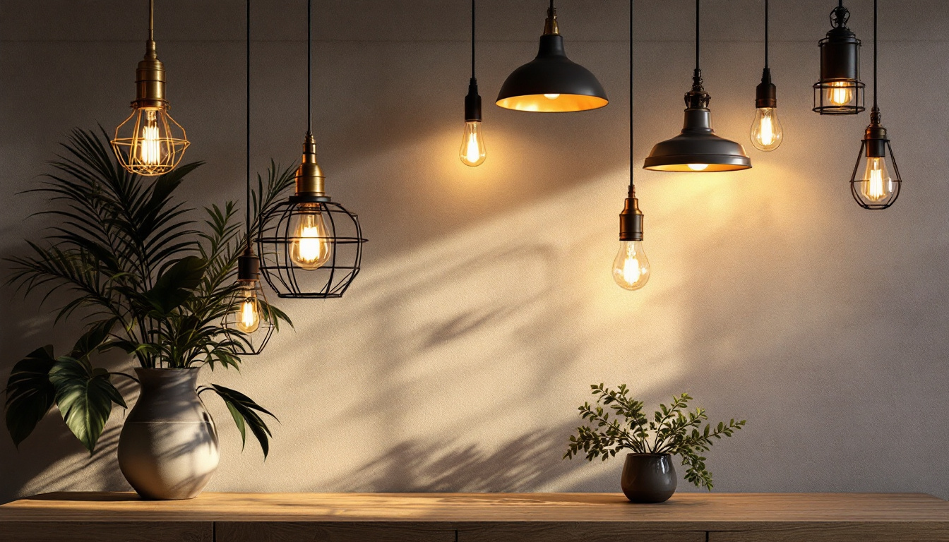 A photograph of a beautifully styled interior featuring a variety of pendant light designs hanging at different heights