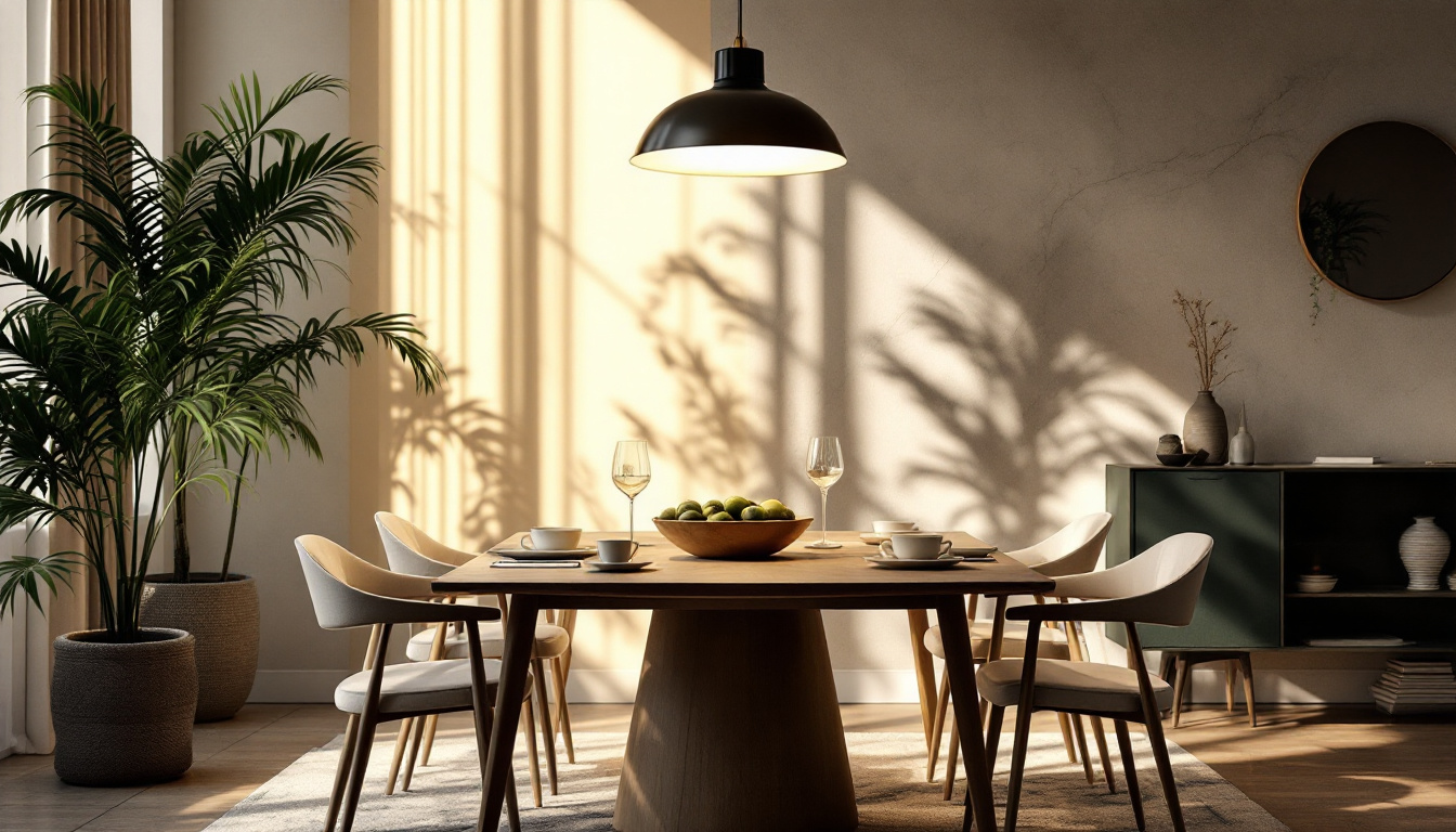 A photograph of a beautifully styled dining room featuring a striking pendant light as the focal point